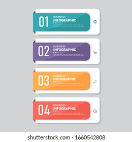 Las opciones de la plantilla de infografía 4 con banner rectangular se pueden utilizar para diseño de flujo de trabajo, diagrama, sitio web, informe corporativo, publicidad, marketing. ilustración vectorial.