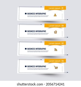 Las opciones de la plantilla de infografía 4 con banner rectangular se pueden utilizar para diseño de flujo de trabajo, diagrama, sitio web, informe corporativo, publicidad, marketing. ilustración vectorial.