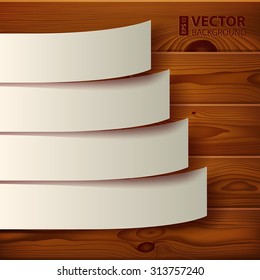 Infographics template with 4 options vintage paper stripe banners and realistic shadows on brown wood texture background. RGB EPS 10 vector illustration