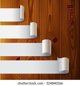Infographics template with 4 options wintage paper stripe banners and realistic shadows on brown wood texture background. RGB EPS 10 vector illustration