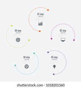 Infographics template 5 options with circle. Data and information visualization. Dynamic infographics stylish geometric. element for design business invitations, gift cards, flyers and brochures