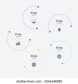 Infographics template 5 options with circle. Data and information visualization. Dynamic infographics stylish geometric. element for design business invitations, gift cards, flyers and brochures