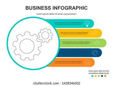 Infographics template 5 options with circle. Data and information visualization. Dynamic infographics stylish geometric. element for design business invitations, gift cards, flyers and brochures