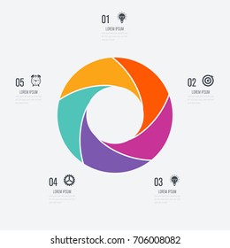 Infographics template 5 options with circle. Data and information visualization. Dynamic infographics stylish geometric. element for design business invitations, gift cards, flyers and brochures