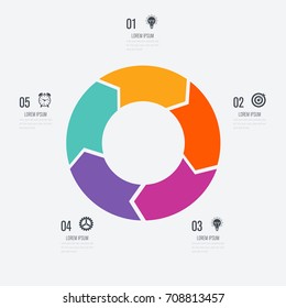Infographics template 5 options with circle. Data and information visualization. Dynamic infographics stylish geometric. element for design business invitations, gift cards, flyers and brochures