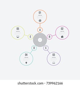 Infographics template 5 options with circle. Data and information visualization. Dynamic infographics stylish geometric. element for design business invitations, gift cards, flyers and brochures