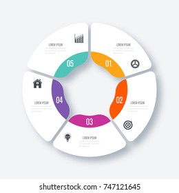 Infographics template 5 options with circle. Data and information visualization. Dynamic infographics stylish geometric. element for design business invitations, gift cards, flyers and brochures