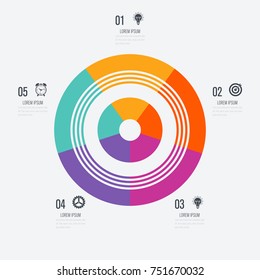 Infographics template 5 options with circle. Data and information visualization. Dynamic infographics stylish geometric. element for design business invitations, gift cards, flyers and brochures