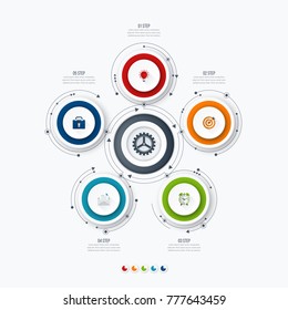 Infographics template 5 options with circle. Data and information visualization. Dynamic infographics stylish geometric. element for design business invitations, gift cards, flyers and brochures