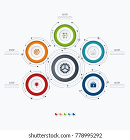 Infographics template 5 options with circle. Data and information visualization. Dynamic infographics stylish geometric. element for design business invitations, gift cards, flyers and brochures