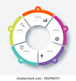 Infographics template 5 options with circle. Data and information visualization. Dynamic infographics stylish geometric. element for design business invitations, gift cards, flyers and brochures