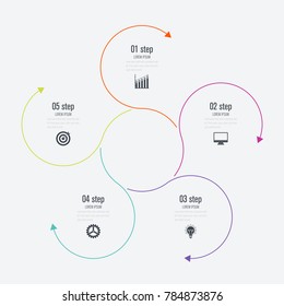 Infographics template 5 options with circle. Data and information visualization. Dynamic infographics stylish geometric. element for design business invitations, gift cards, flyers and brochures
