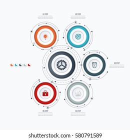 Infographics template 5 options with circles. Can be used for workflow layout, diagram, number options, step up options, web design, presentations
