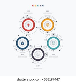 Infographics template 5 options with circles. Can be used for workflow layout, diagram, number options, step up options, web design, presentations