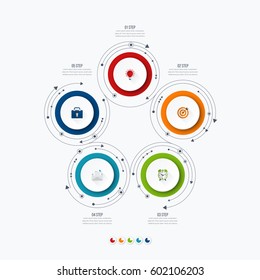 Infographics template 5 options with circles. Can be used for workflow layout, diagram, number options, step up options, web design, presentations