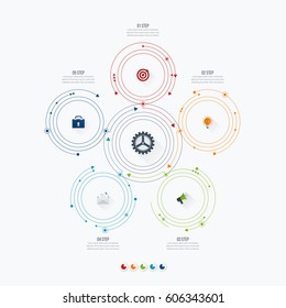 Infographics template 5 options with circles. Can be used for workflow layout, diagram, number options, step up options, web design, presentations