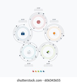 Infographics template 5 options with circles. Can be used for workflow layout, diagram, number options, step up options, web design, presentations