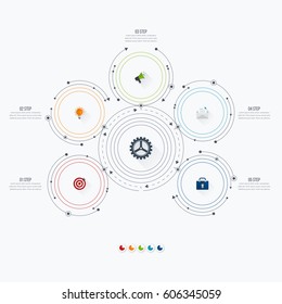 Infographics template 5 options with circles. Can be used for workflow layout, diagram, number options, step up options, web design, presentations