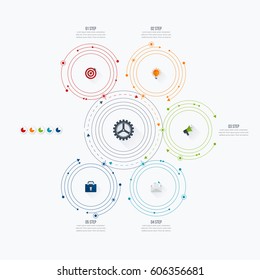 Infographics template 5 options with circles. Can be used for workflow layout, diagram, number options, step up options, web design, presentations