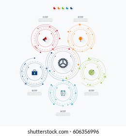 Infographics template 5 options with circles. Can be used for workflow layout, diagram, number options, step up options, web design, presentations