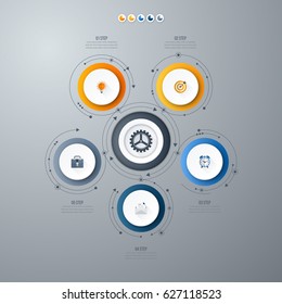 Infographics template 5 options with circles. Can be used for workflow layout, diagram, number options, step up options, web design, presentations