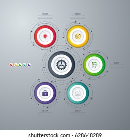 Infographics template 5 options with circles. Can be used for workflow layout, diagram, number options, step up options, web design, presentations