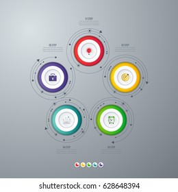 Infographics template 5 options with circles. Can be used for workflow layout, diagram, number options, step up options, web design, presentations