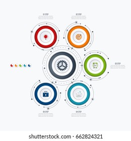 Infographics template 5 options with circles. Can be used for workflow layout, diagram, number options, step up options, web design, presentations