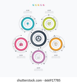 Infographics template 5 options with circles. Can be used for workflow layout, diagram, number options, step up options, web design, presentations