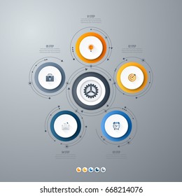 Infographics template 5 options with circles. Can be used for workflow layout, diagram, number options, step up options, web design, presentations