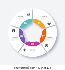 Opciones de plantilla de infografía 5 con círculos. Se puede utilizar para diseño de flujo de trabajo, diagrama, opciones de número, opciones de paso, diseño web, presentaciones