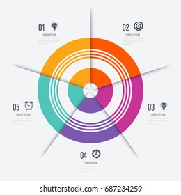 Infografik Vorlage 5 Optionen mit Kreisen. Kann für Workflow-Layout, Diagramm, Zahlenoptionen, Step-up-Optionen, Webdesign, Präsentationen verwendet werden
