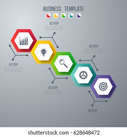 Infographics template 5 options with hexagon. Can be used for workflow layout, diagram, number options, step up options, web design, presentations