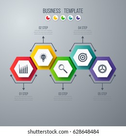 Infographics template 5 options with hexagon. Can be used for workflow layout, diagram, number options, step up options, web design, presentations