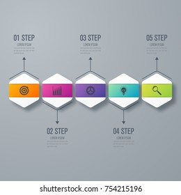 Infographics template 5 options with hexagon. Can be used for workflow layout, diagram, number options, step up options, web design, presentations