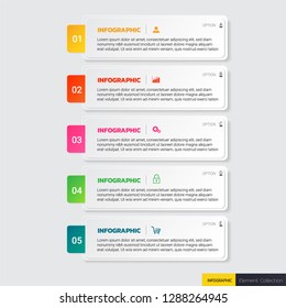 Infographics template 5 options with rectangle banner, can be used for workflow layout, diagram, website, corporate report, advertising, marketing. vector illustration.