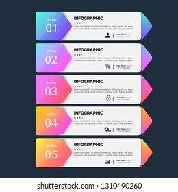 Infographics template 5 options with rectangle banner, can be used for workflow layout, diagram, website, corporate report, advertising, marketing. vector illustration.