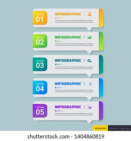 Infographics template 5 options with rectangle banner, can be used for workflow layout, diagram, website, corporate report, advertising, marketing. vector illustration.