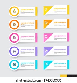 Infographics template 5 options with rectangle banner, can be used for workflow layout, diagram, website, corporate report, advertising, marketing. vector illustration.