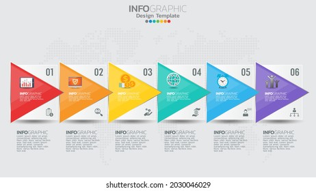 Infographics template with 6 elements workflow process chart.