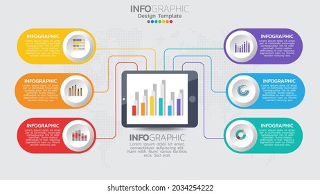 Infographics template with 6 elements workflow process chart.