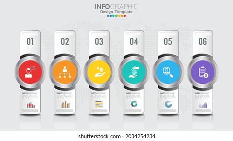 Infographics template with 6 elements workflow process chart.