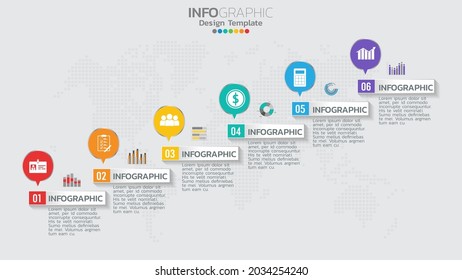 Infographics template with 6 elements workflow process chart.