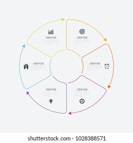 Infographics template 6 options with circle. Data and information visualization. Dynamic infographics stylish geometric. element for design business invitations, gift cards, flyers and brochures