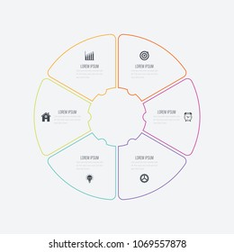 Infographics template 6 options with circle. Data and information visualization. Dynamic infographics stylish geometric. element for design business invitations, gift cards, flyers and brochures