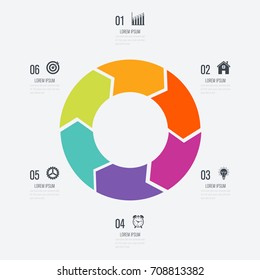 Infographics template 6 options with circle. Data and information visualization. Dynamic infographics stylish geometric. element for design business invitations, gift cards, flyers and brochures