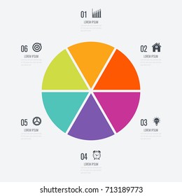 Infographics template 6 options with circle. Data and information visualization. Dynamic infographics stylish geometric. element for design business invitations, gift cards, flyers and brochures