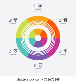 Infographics template 6 options with circle. Data and information visualization. Dynamic infographics stylish geometric. element for design business invitations, gift cards, flyers and brochures