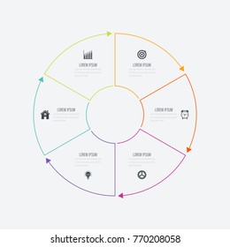 Infographics template 6 options with circle. Data and information visualization. Dynamic infographics stylish geometric. element for design business invitations, gift cards, flyers and brochures