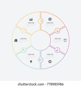 Infographics template 6 options with circle. Data and information visualization. Dynamic infographics stylish geometric. element for design business invitations, gift cards, flyers and brochures